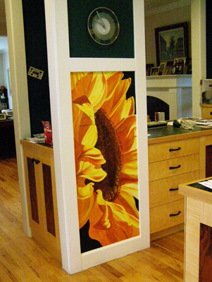 hand painted mural of large sunflower in a kitchen by Boulder Murals, sunflower
