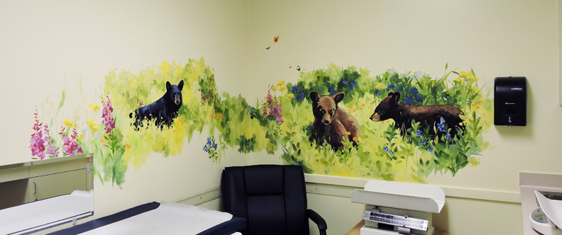 hand painted mural for Mountainland Pediatrics with birdhouses, bears, butterflies, owls, turtles, ducks, deer, fox, rabbits, flowers, mountain lion, 