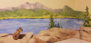 Chipmunk mural, chipmunks by a lake and in rocks, hand painted mural for Mountainland Pediatrics with birdhouses, bears, butterflies, owls, turtles, ducks, deer, fox, rabbits, flowers, mountain lion, 