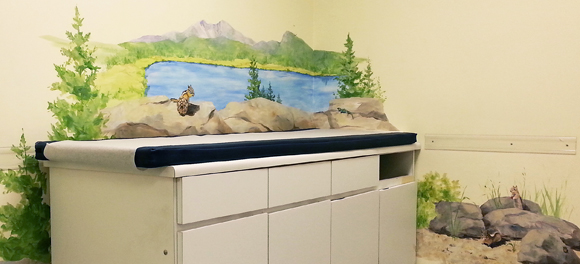 Chipmunk mural, chipmunks by a lake and in rocks, hand painted mural for Mountainland Pediatrics with birdhouses, bears, butterflies, owls, turtles, ducks, deer, fox, rabbits, flowers, mountain lion, 