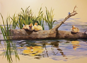 hand painted mural for Mountainland Pediatrics with birdhouses, bears, butterflies, owls, turtles, ducks, deer, fox, rabbits, flowers, mountain lion, 