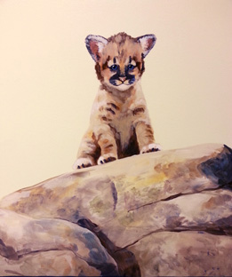 hand painted mural of baby mountain lion by Boulder Murals, hand painted mural for Mountainland Pediatrics with birdhouses, bears, butterflies, owls, turtles, ducks, deer, fox, rabbits, flowers, mountain lion, 