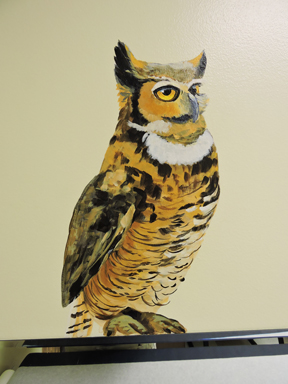 owl mural, hand painted mural with owls, hand painted mural for Mountainland Pediatrics with birdhouses, bears, butterflies, owls, turtles, ducks, deer, fox, rabbits, flowers, mountain lion, 