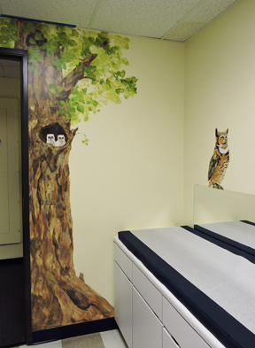 owl mural, hand painted mural with owls, hand painted mural for Mountainland Pediatrics with birdhouses, bears, butterflies, owls, turtles, ducks, deer, fox, rabbits, flowers, mountain lion, 