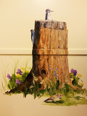 Woodpecker mural, hand painted mural with red headed woodpeckers, hand painted mural for Mountainland Pediatrics with birdhouses, bears, butterflies, owls, turtles, ducks, deer, fox, rabbits, flowers, mountain lion, 