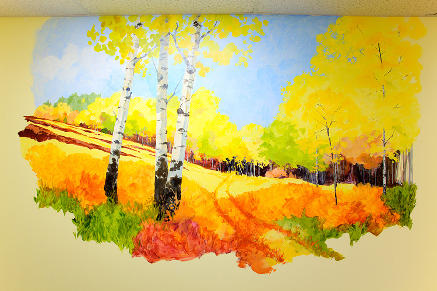 Mountainland Pediatrics murals, aspens, bears, columbine, trout