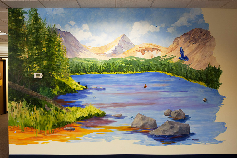 Mountainland Pediatrics murals, aspens, bears, columbine, trout