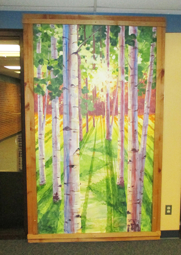 hand painted mural of Aspens in the sunlight by Boulder Murals, heatherwood elementary school