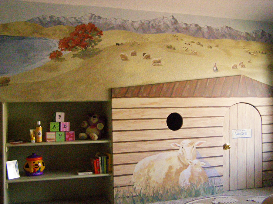 hand painted mural of a New Zealand county side by Boulder Murals, sheep, kiwi bird,