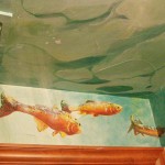 hand painted mural of a trout stream in a bathroom by Boulder Murals