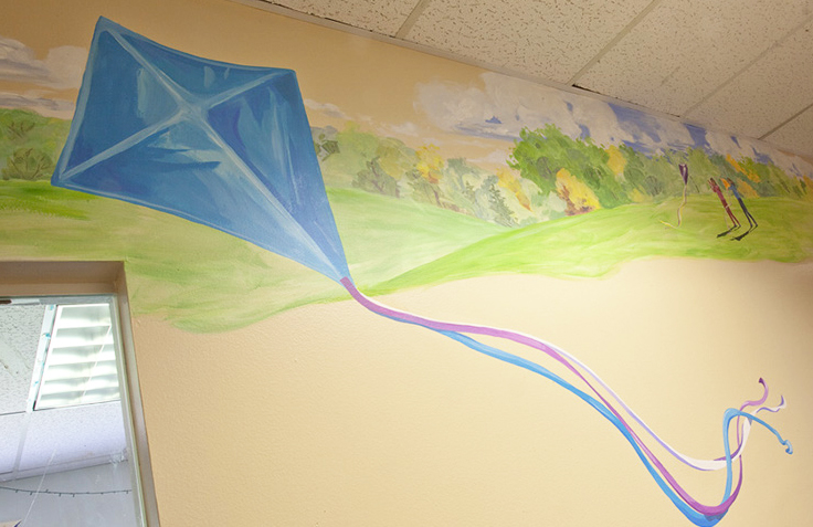 hand painted mural in Day Treatment Center - Community Reach Center by Boulder Murals, dogs, playground, lamp post, tree, squirrel, vegetables, kites