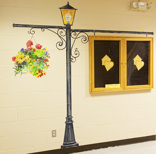 hand painted mural in Day Treatment Center - Community Reach Center by Boulder Murals, dogs, playground, lamp post, tree, squirrel, vegetables, 