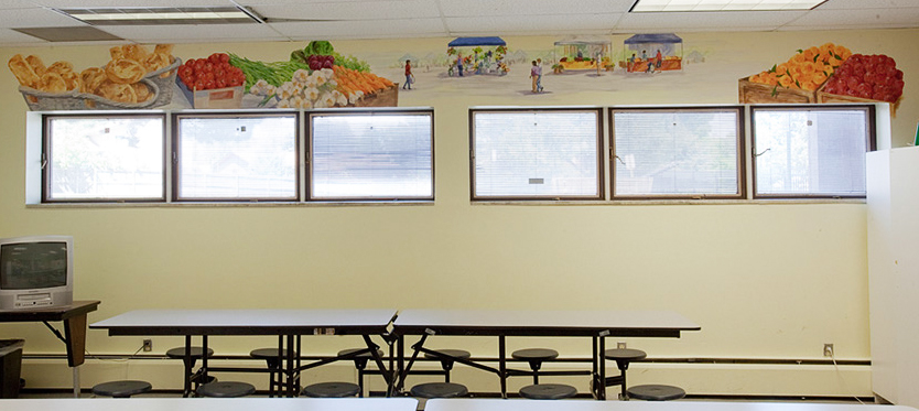 hand painted mural in Day Treatment Center - Community Reach Center by Boulder Murals, dogs, playground, lamp post, tree, squirrel, vegetables, 