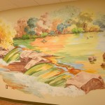 hand painted mural in Tebo Family medical pavilion and cancer center by Boulder Murals bears, geese, crane